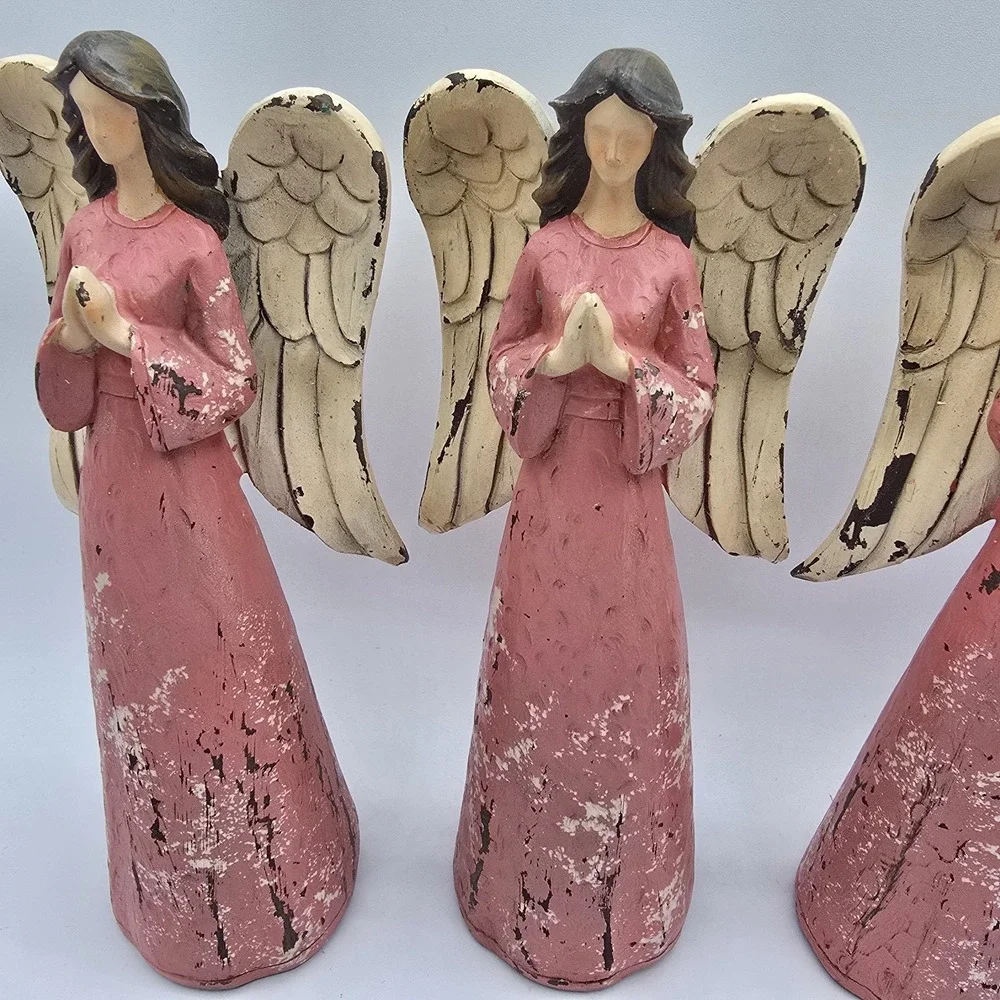 Set Of 3‎ Angel Figurines Pray Pink Praying Rustic Christmas Home Decor
